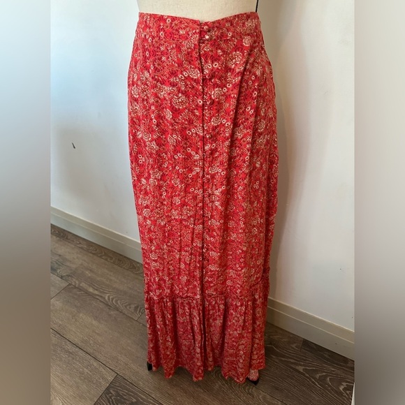 Cristina B Orange Red Floral Button Front Tiered Ruffle Maxi Skirt SZ  L - Picture 1 of 4